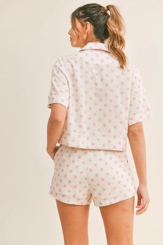 MABLE Polka Dot Collar Crop Top and Short Lounge Set