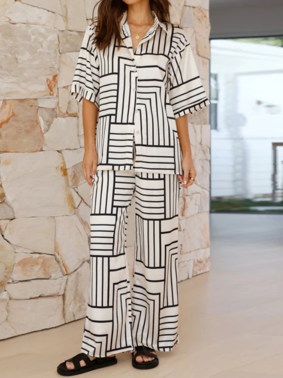 Button Down Half Sleeve Top and Pants Set - felvior