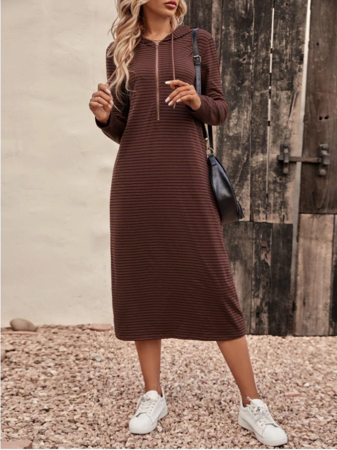Striped Zip Front Hooded Dress - felvior