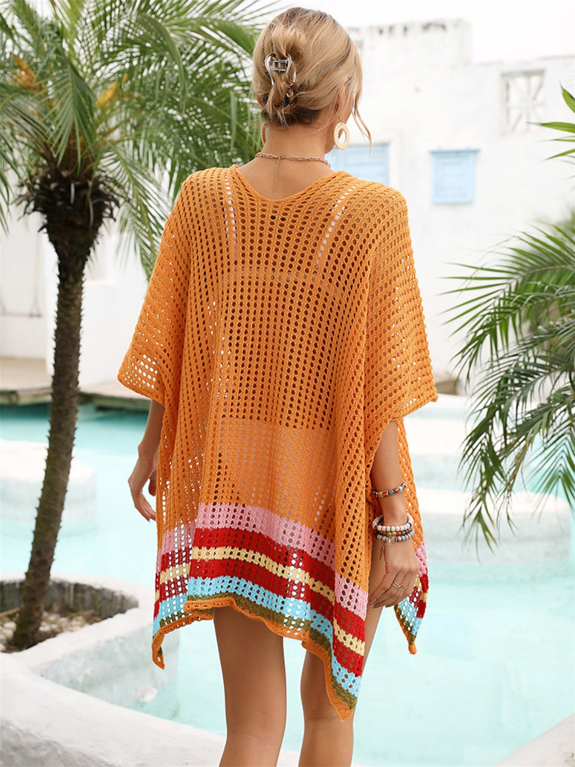 Slit Openwork V-Neck Half Sleeve Cover-Up - felvior