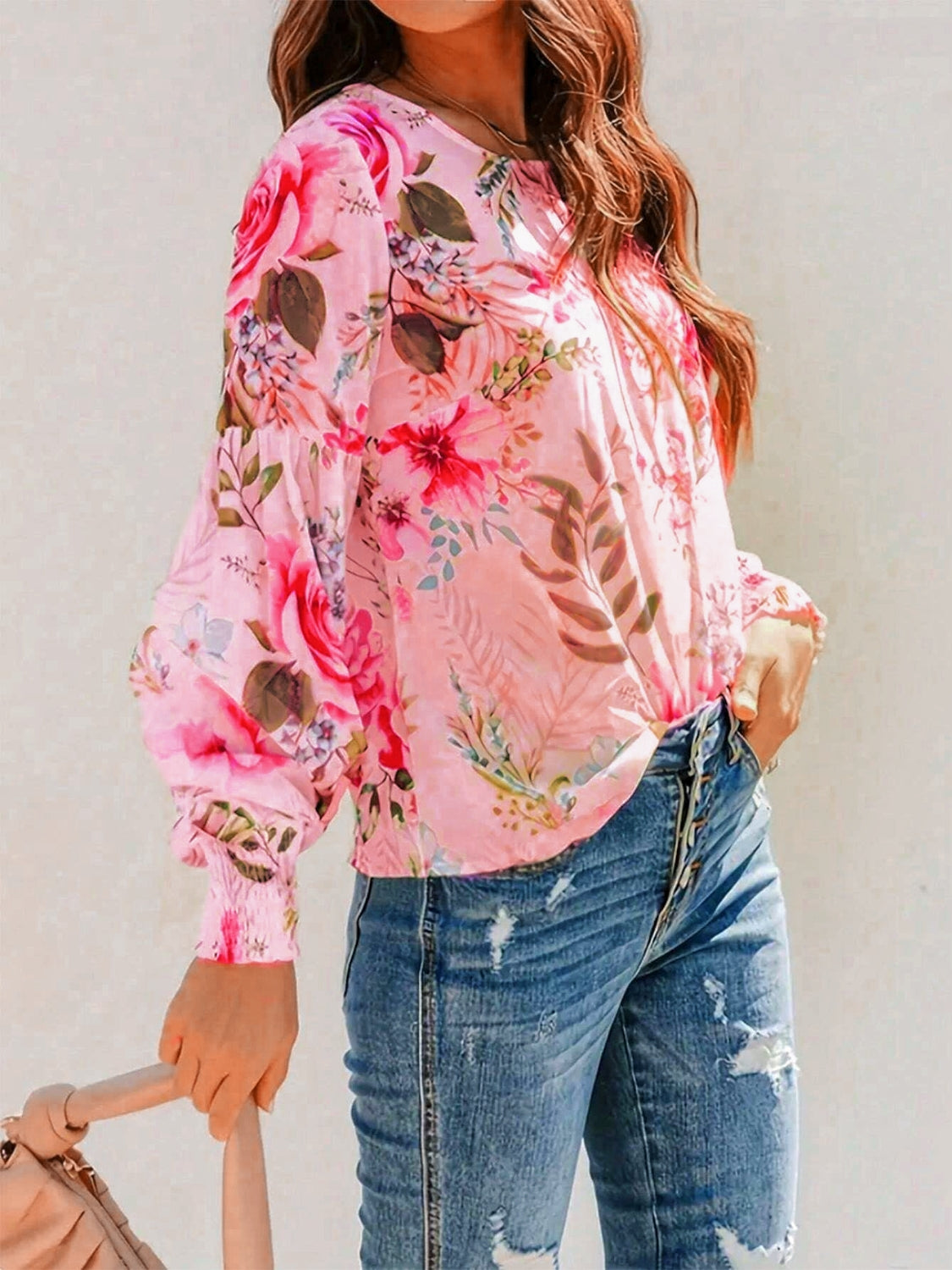 Smocked Printed Round Neck Lantern Sleeve Blouse - felvior