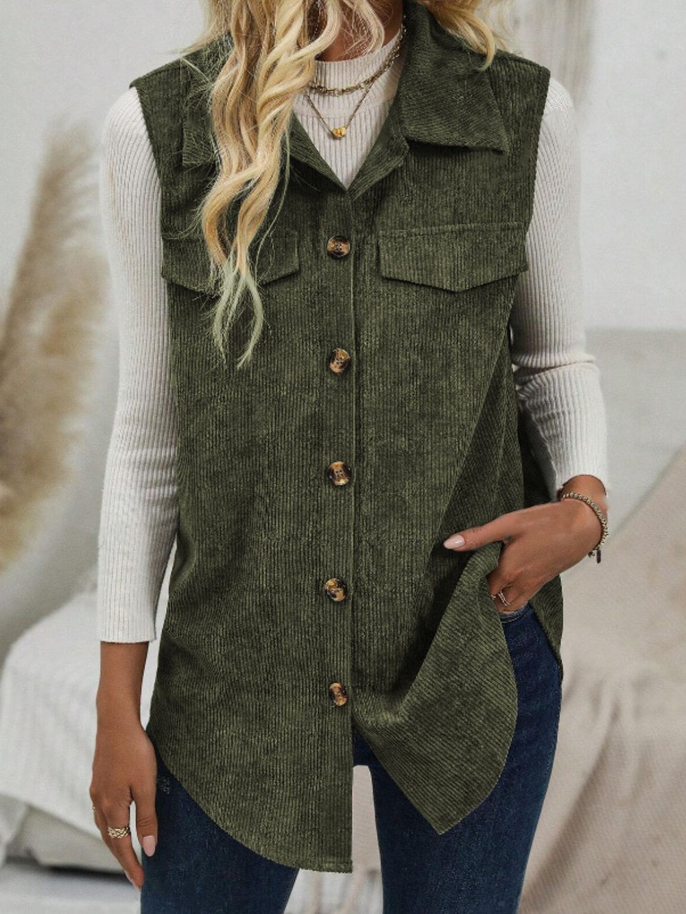 Button Up Collared Neck Vest Coat - felvior