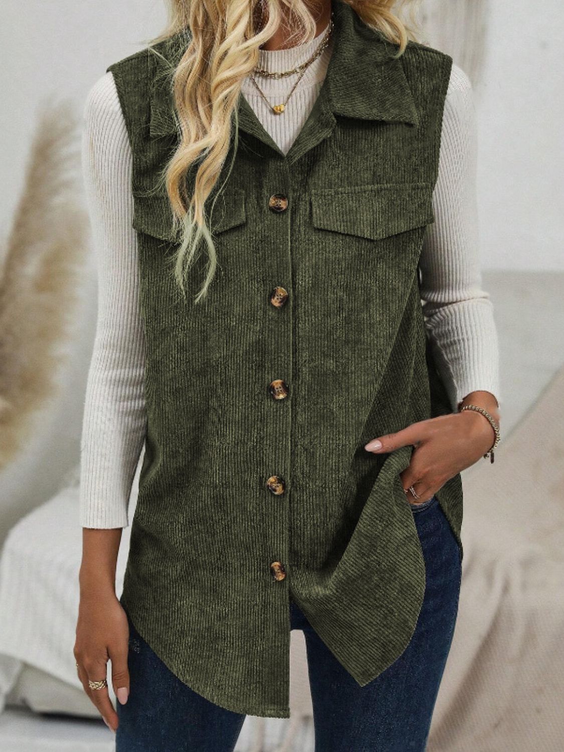 Button Up Collared Neck Vest Coat - felvior