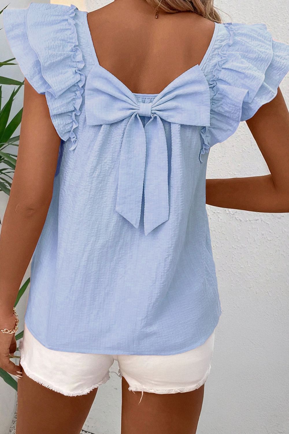 Bow Back Ruffled Cap Sleeve Blouse - felvior