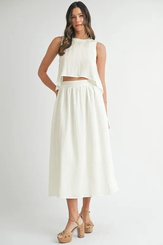 MABLE Wrinkled Round Neck Swing Top and Skirt Set - felvior
