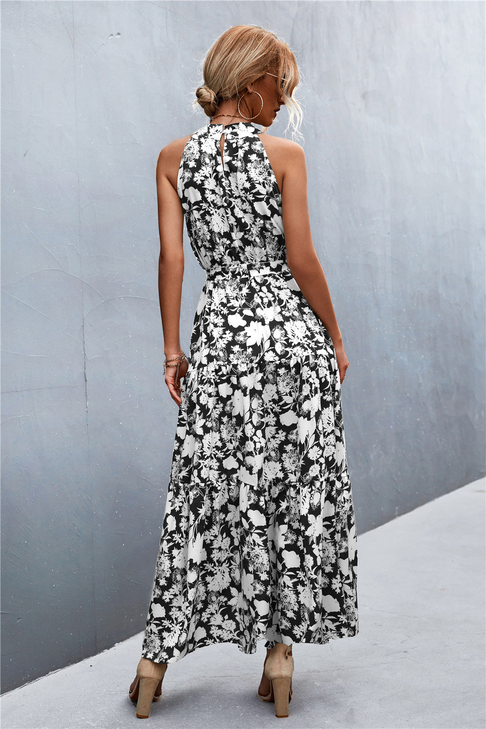 Printed Sleeveless Tie Waist Maxi Dress - felvior