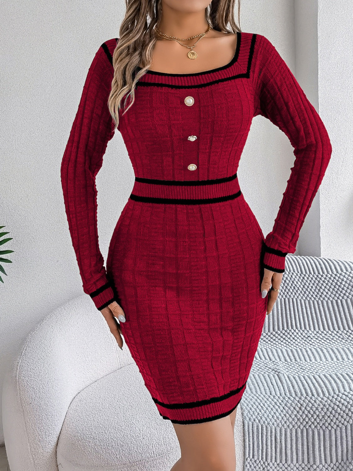 Contrast Trim Long Sleeve Sweater Dress - felvior