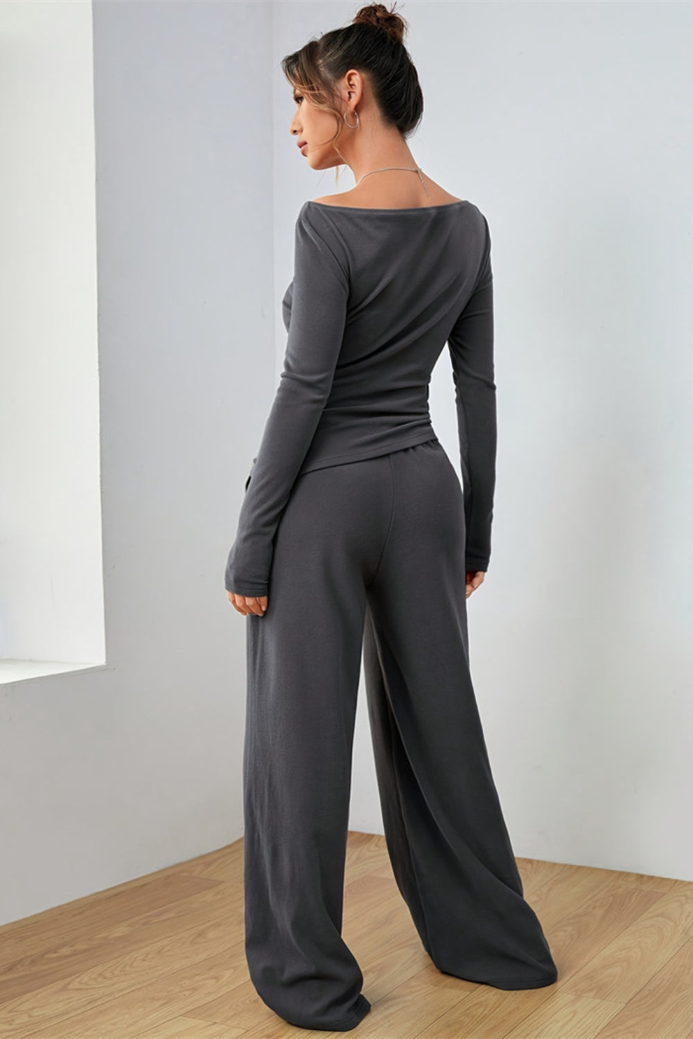 Boat Neck Long Sleeve Top and Pants Set - felvior