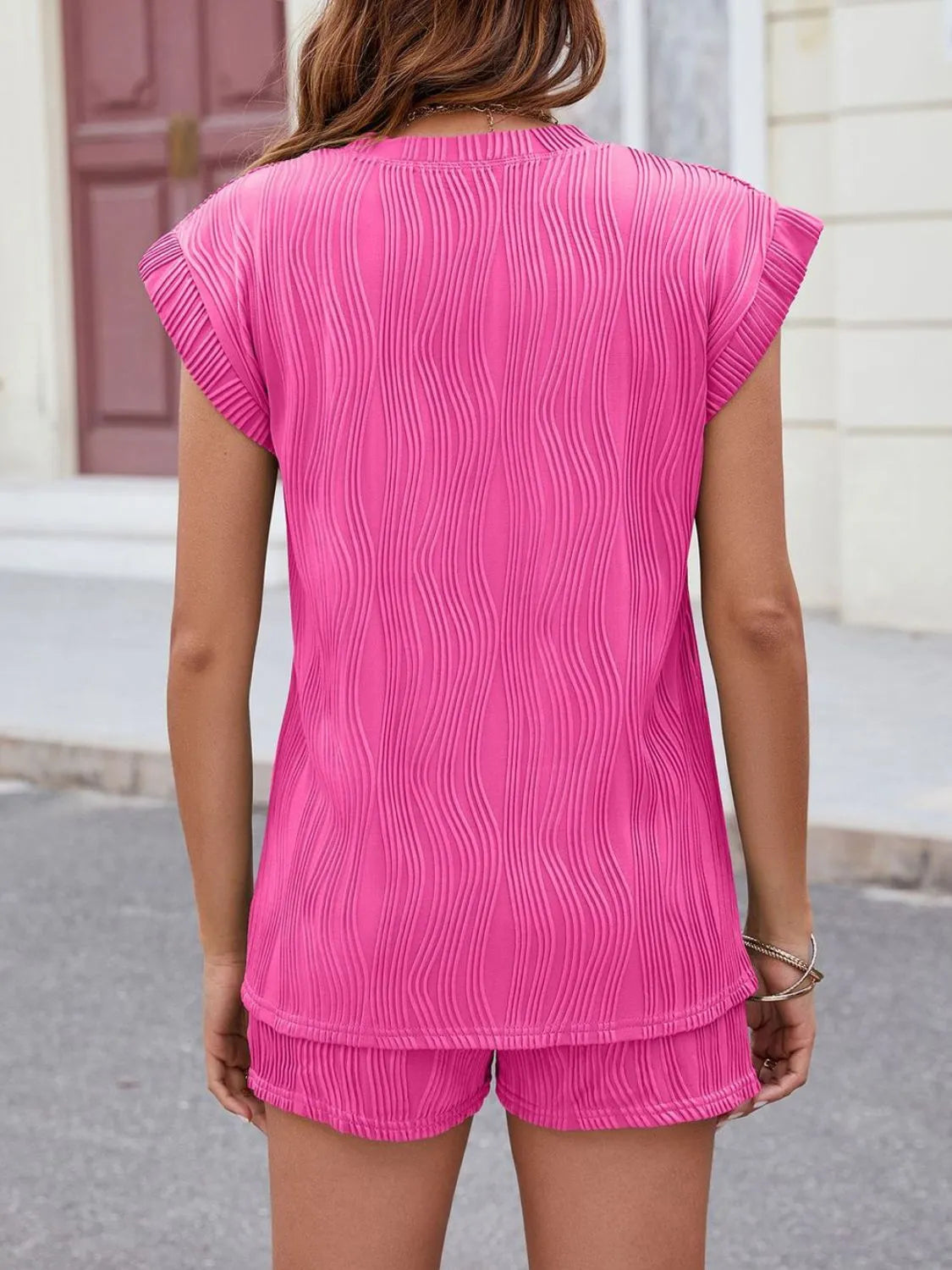 Textured Round Neck Cap Sleeve Top and Shorts Set - felvior