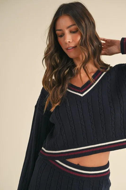 MABLE Cable-Knit Top and Pleated Skirt Sweater Set