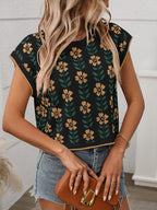 Flower Round Neck Short Sleeve Knit Top