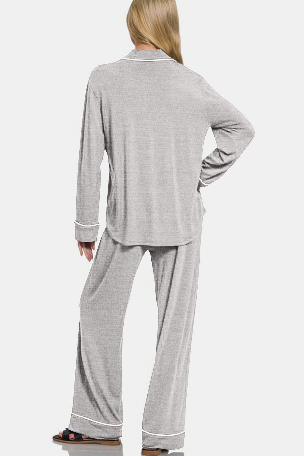 Zenana Button Down Long Sleeve Top and Pants Lounge Set - felvior