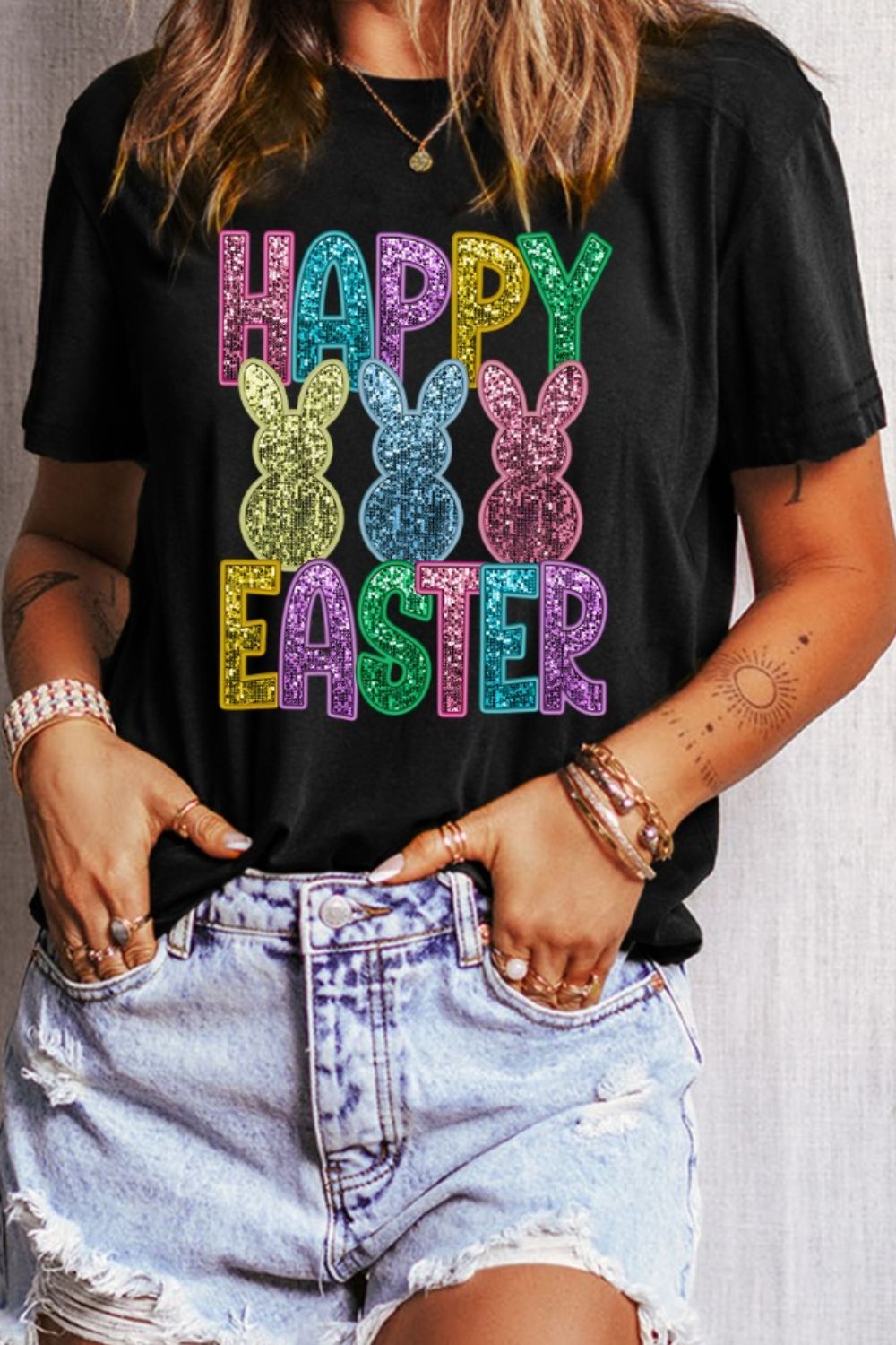HAPPY EASTER Sequin Bunny Round Neck T-Shirt Hauptbild