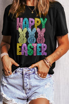 HAPPY EASTER Sequin Bunny Round Neck T-Shirt
