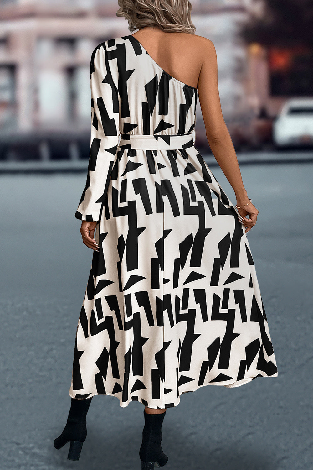 Printed One-Shoulder Tie Waist Dress - felvior
