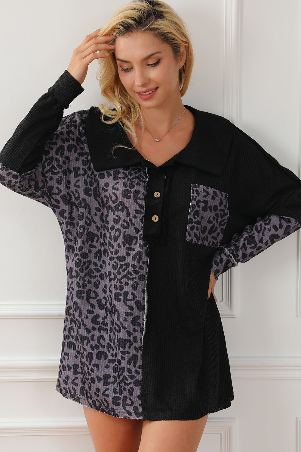 Half Button Leopard Collared Neck Blouse - felvior