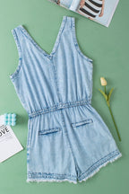 Raw Hem Studded V-Neck Drawstring Sleeveless Denim Romper