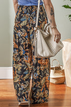 Floral Shirred High Waist Wide Leg Pants with Tie