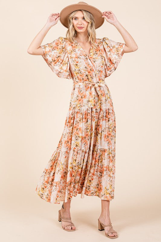 Mittoshop Floral Tie Waist Flutter Sleeve Tiered Dress - felvior