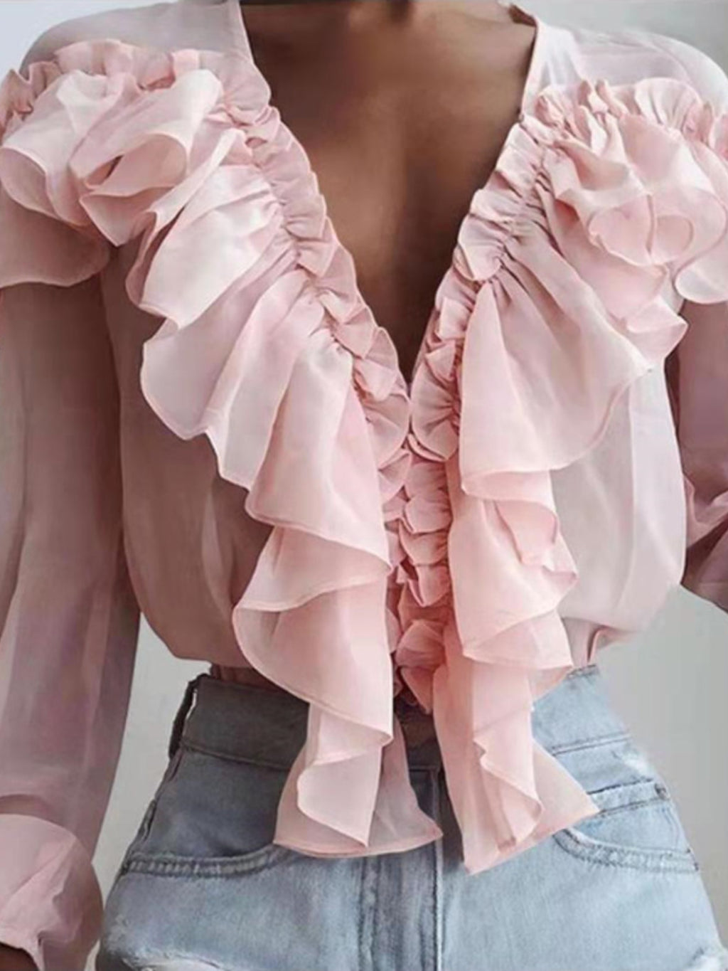 Ruffled V-Neck Long Sleeve Blouse