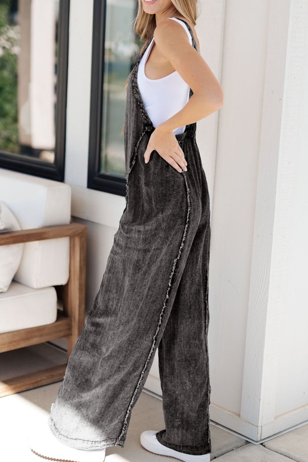 Frayed Exposed Seam Wide Leg Denim Overalls - felvior