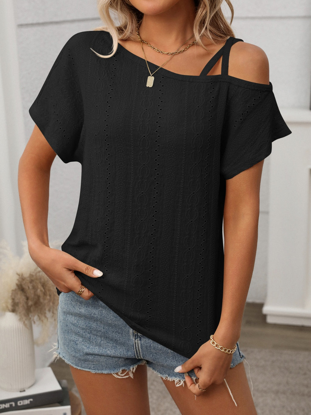 Eyelet Asymmetrical Shoulder Short Sleeve T-Shirt