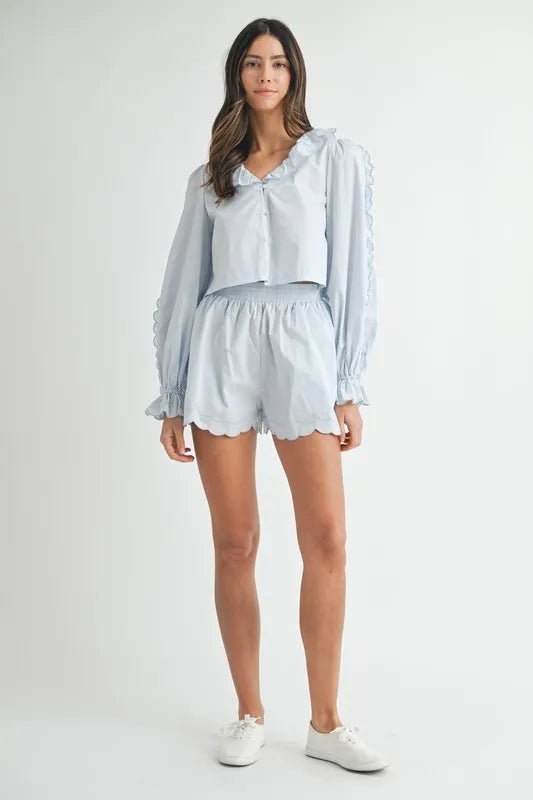 MABLE Long Sleeve Scallop Blouse and Shorts Set - felvior