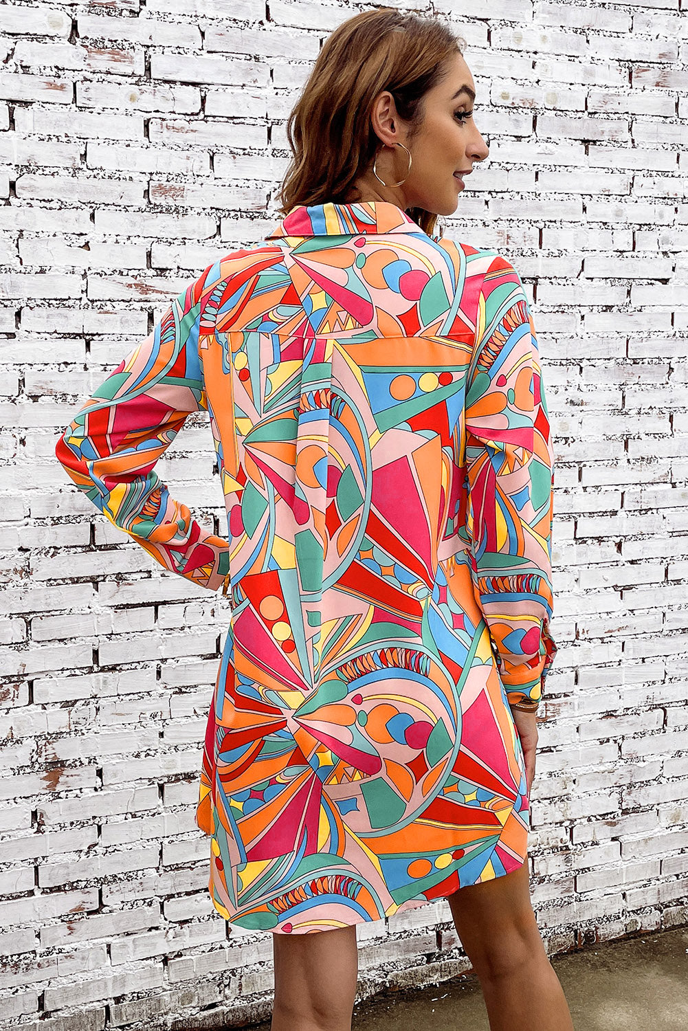 Multicolored Long Sleeve Shirt Dress - felvior