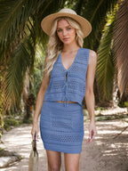 Openwork V-Neck Top and Skirt Knit Cover Up Set