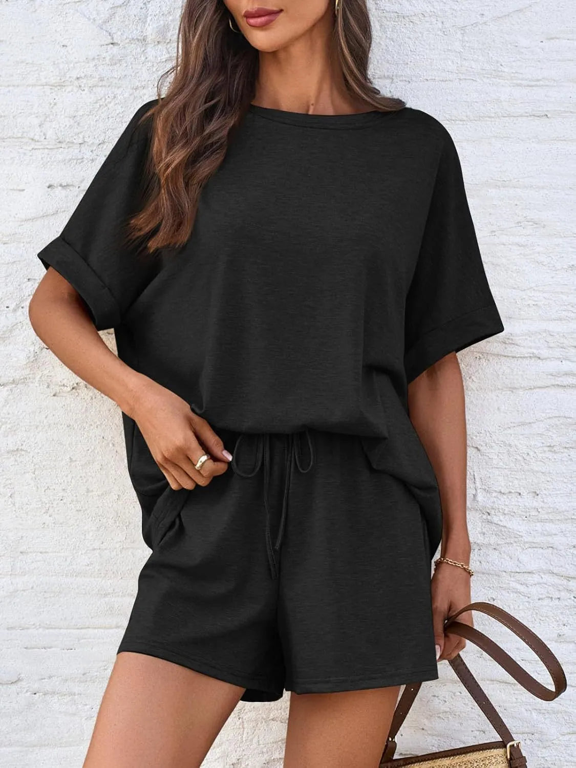 Round Neck Short Sleeve Top and Shorts Set - felvior
