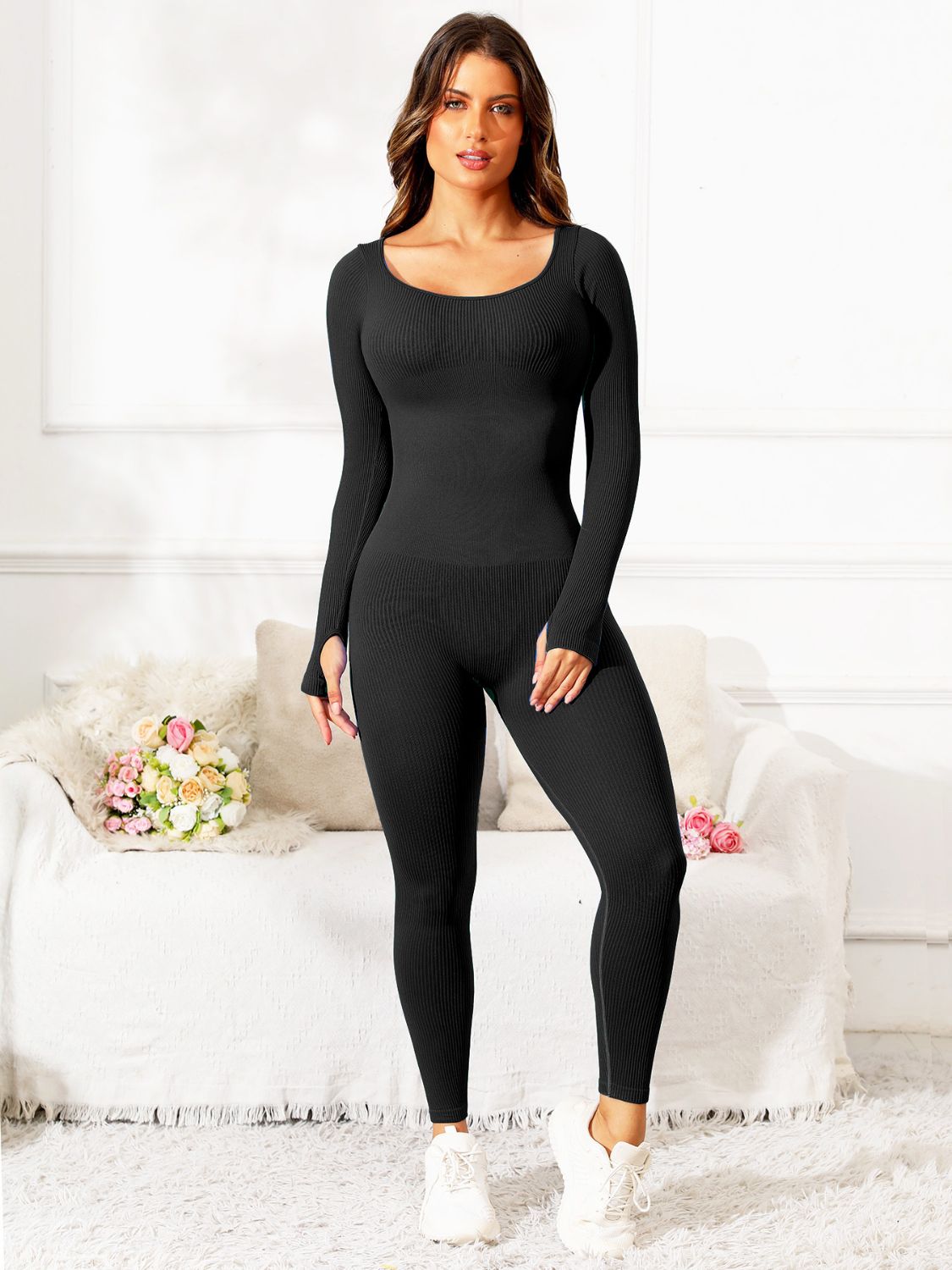 Scoop Neck Long Sleeve Active Jumpsuit - felvior