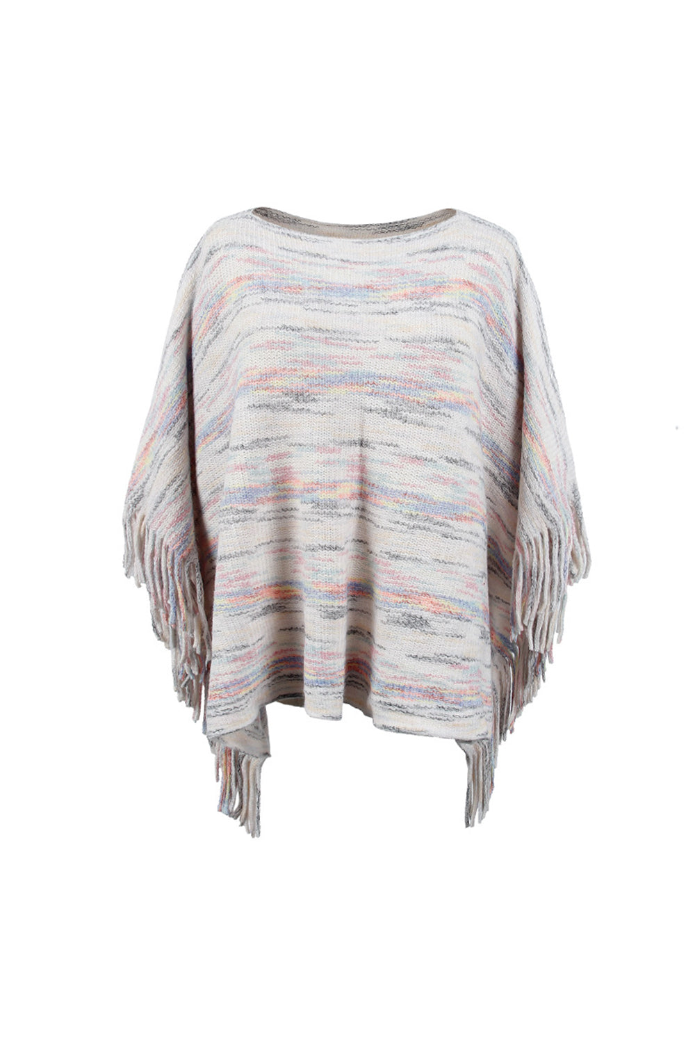 Round Neck Fringe Detail Sleeve Poncho - felvior