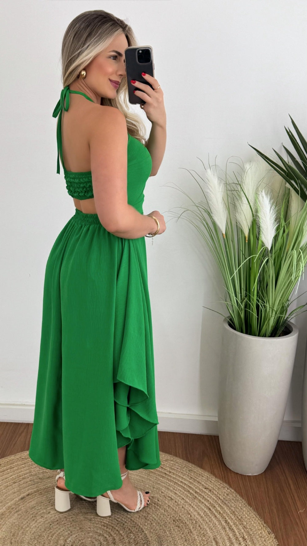 Smocked Printed Halter Neck Dress - felvior