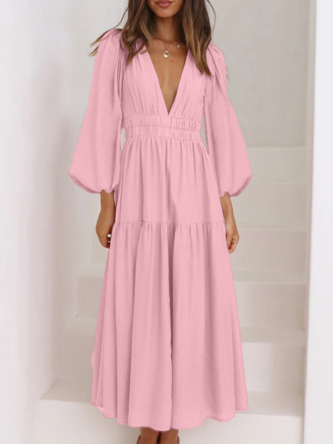 Deep V-Neck Balloon Sleeve Plain Maxi Dress - felvior