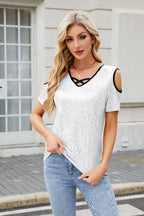 Sequin Crisscross V-Neck Cold Shoulder Blouse