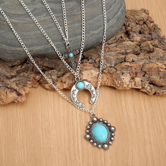 Artificial Turquoise Alloy Three-Layered Necklace - felvior