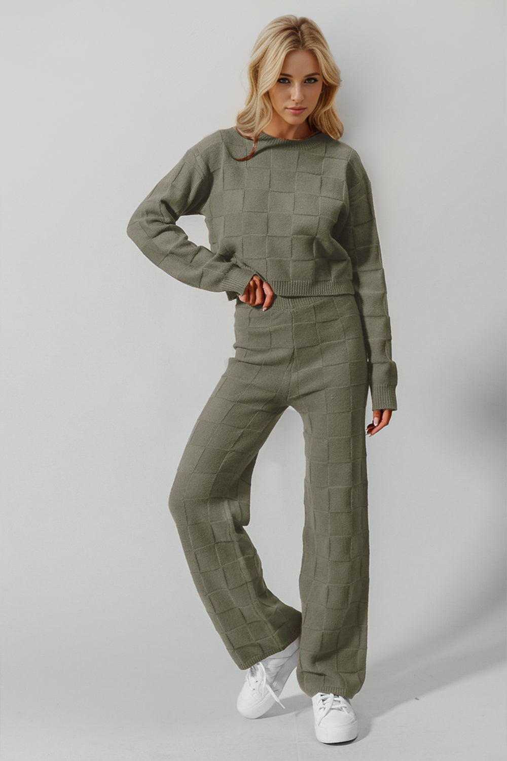 Double Take Full Size Checkered Round Neck Top and Pants Set - felvior