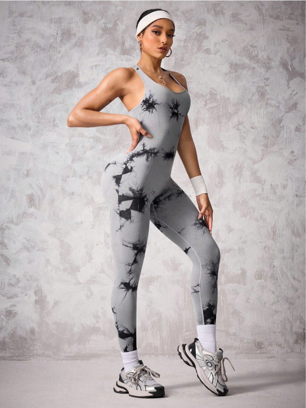 Back Crisscross Tie-Dye Scoop Neck Active Jumpsuit