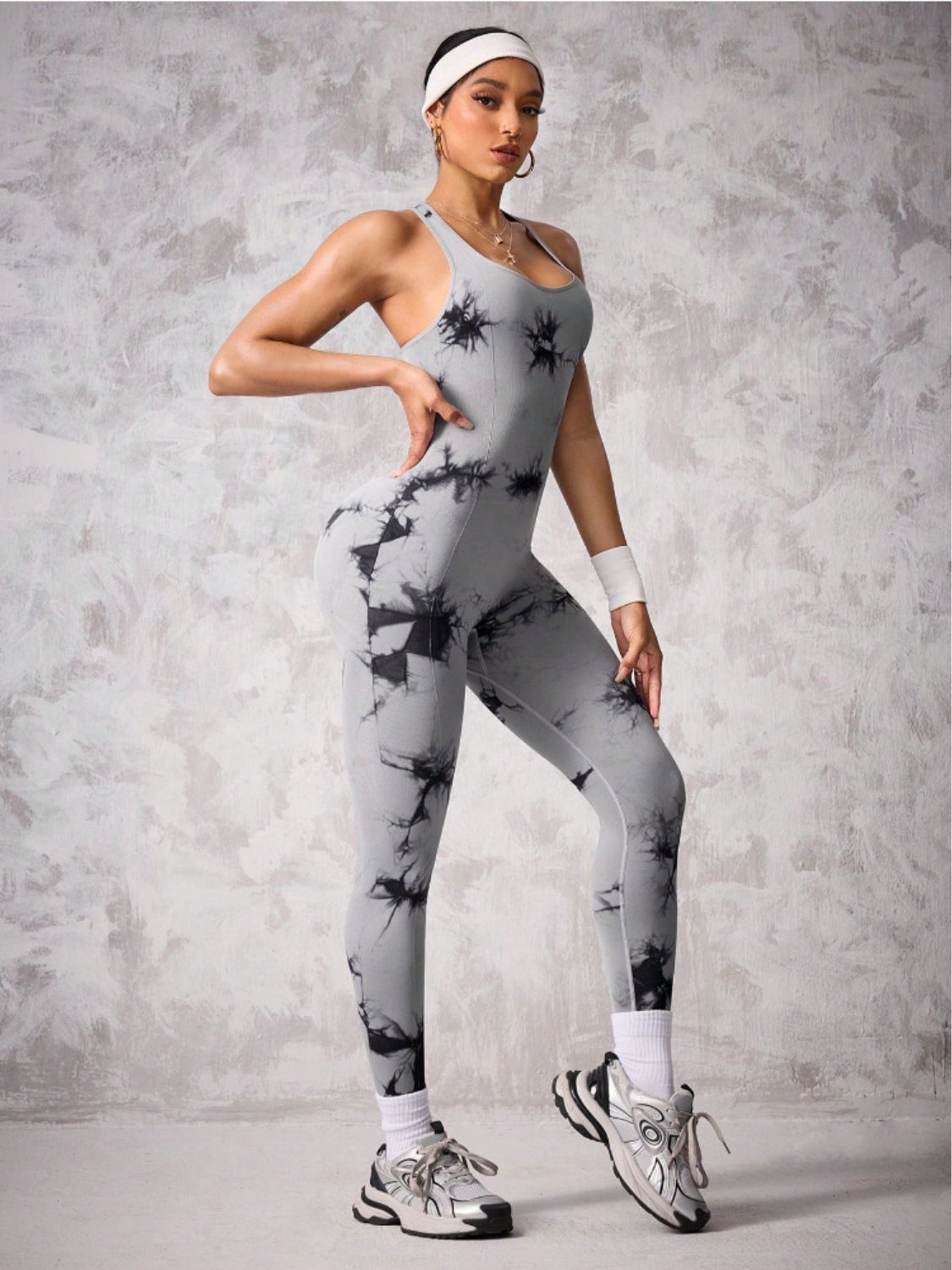Back Crisscross Tie-Dye Scoop Neck Active Jumpsuit - felvior