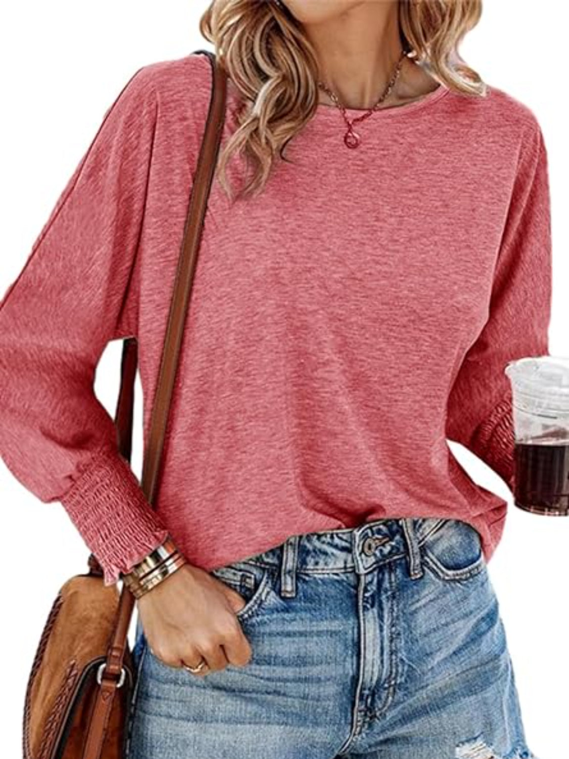 Round Neck Smocked Lantern Sleeve T-Shirt - felvior