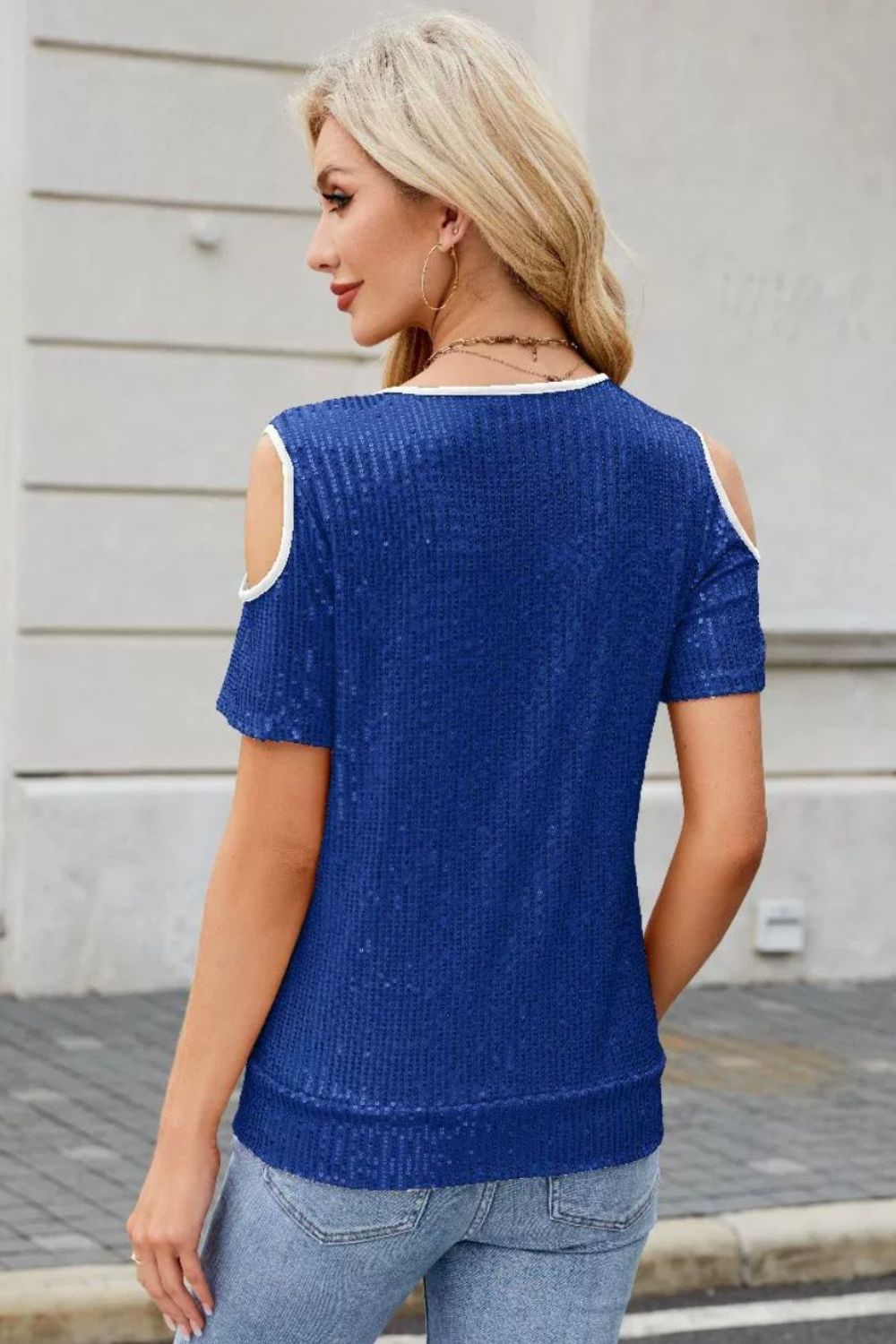 Sequin Cold Shoulder Short Sleeve Blouse - felvior
