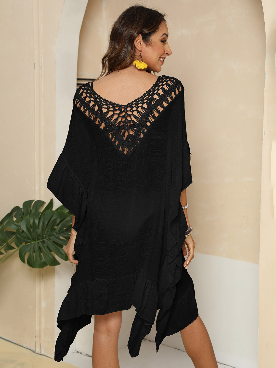 Cutout Ruffled Half Sleeve Cover-Up - felvior