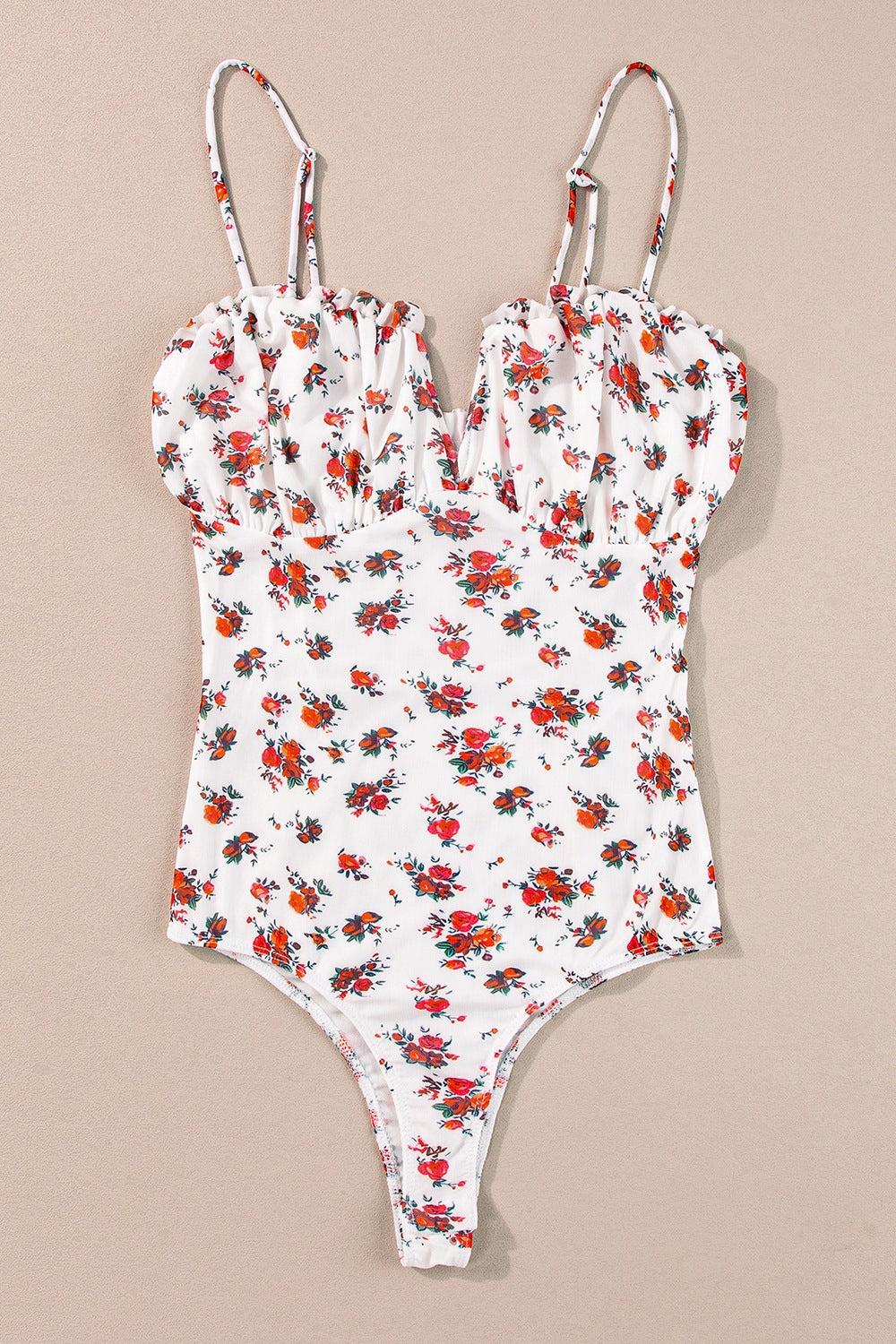 Floral Frilled Trim Spaghetti Straps Bodysuit - felvior