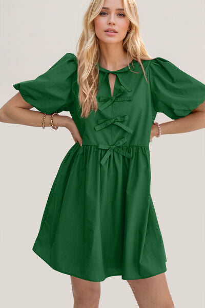 Oh Bow Ruched Puff Sleeve Mini Dress - felvior