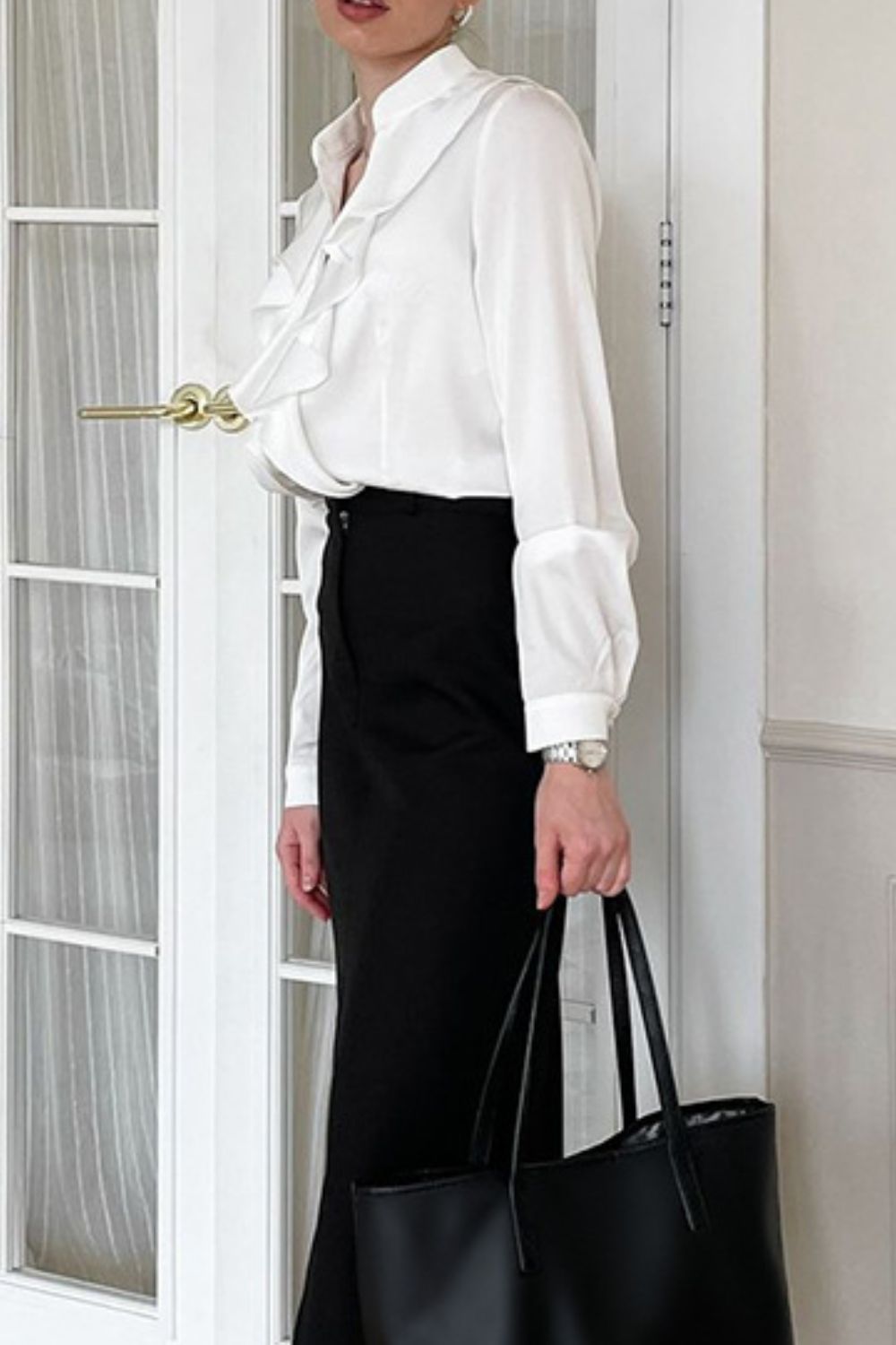 Ruffled Notched Long Sleeve Shirt - felvior