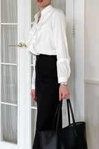 Ruffled Notched Long Sleeve Shirt