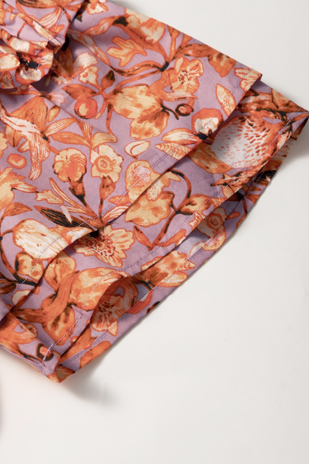 Floral Ruffled Layered Short Sleeve Tie Neck Blouse - felvior