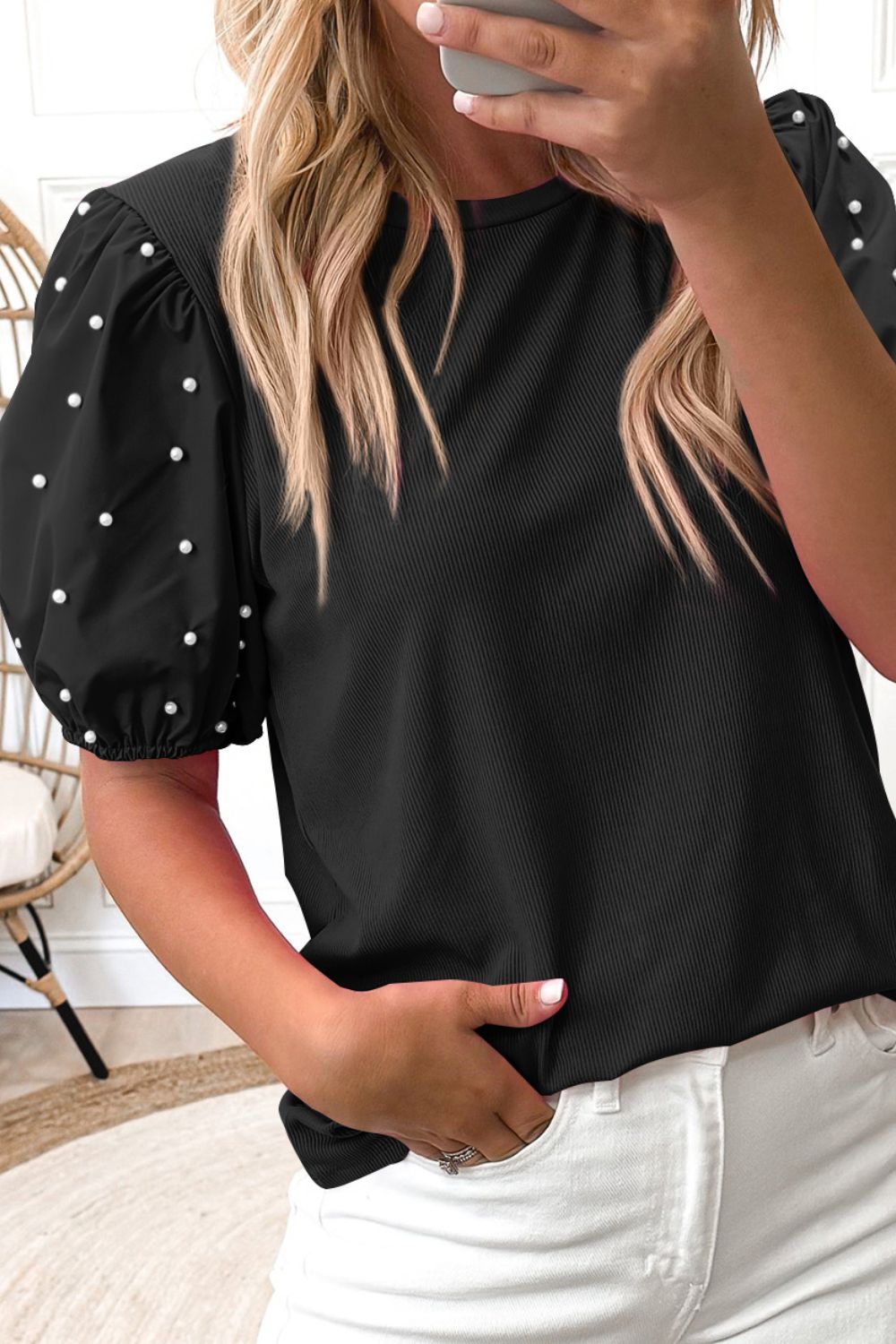 Pearl Detail Round Neck Short Sleeve Blouse - felvior
