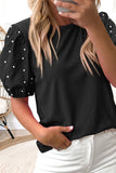 Pearl Detail Round Neck Short Sleeve Blouse - felvior