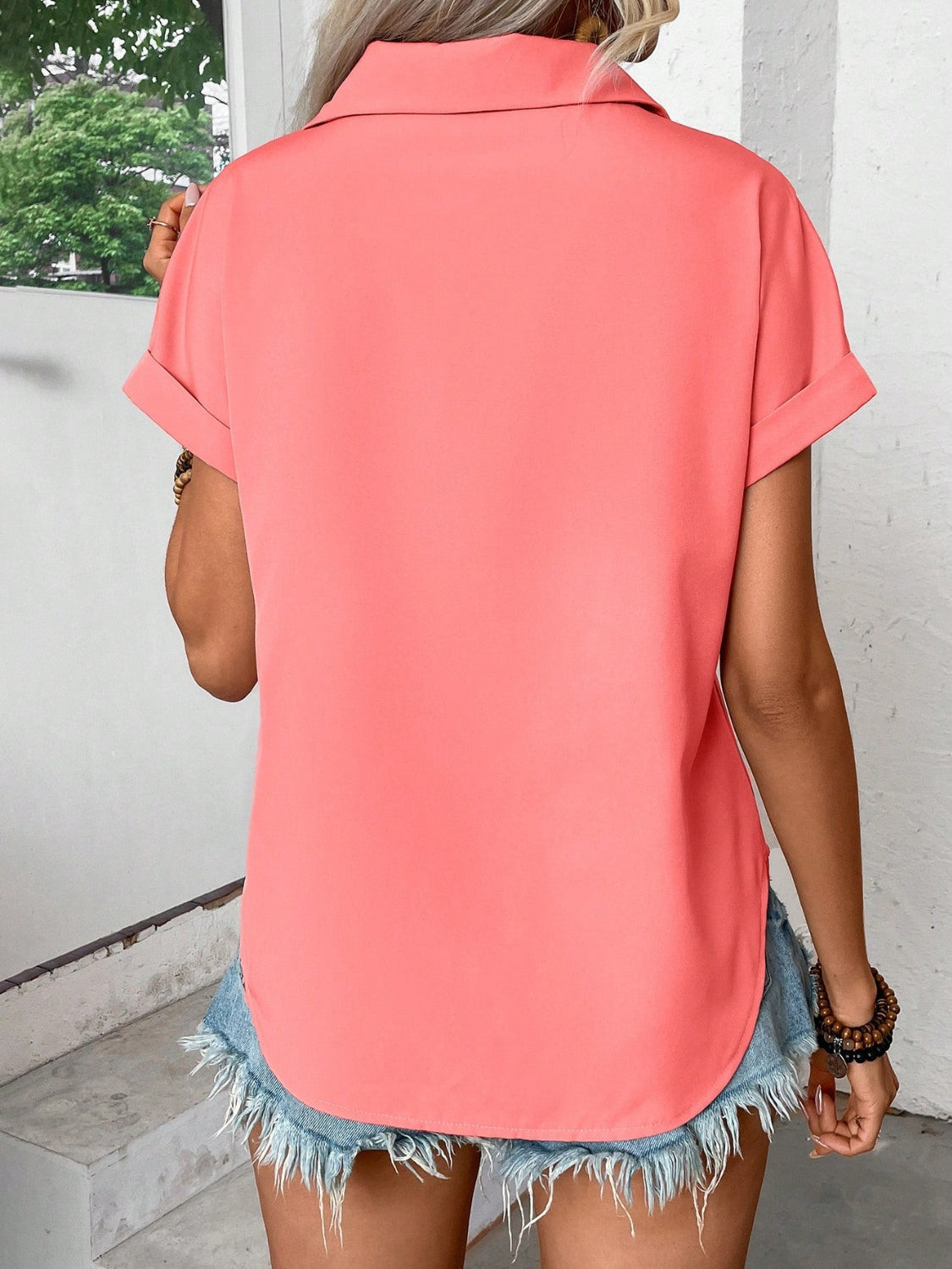 Pleated Detail Collared Neck Short Sleeve Shirt - felvior